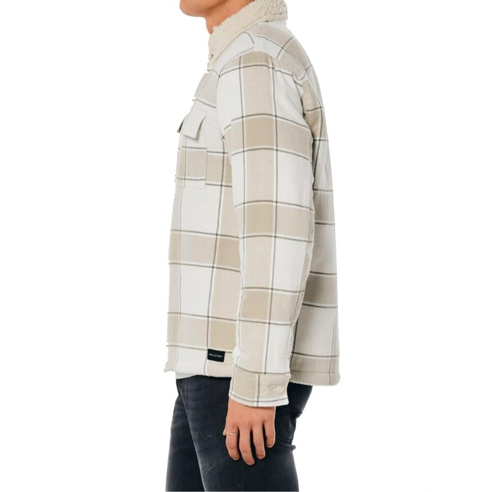 Hollister Sherpa-Lined Flannel Neutral Tan White Color Full Zip Shirt Jacket XL - Picture 4 of 16